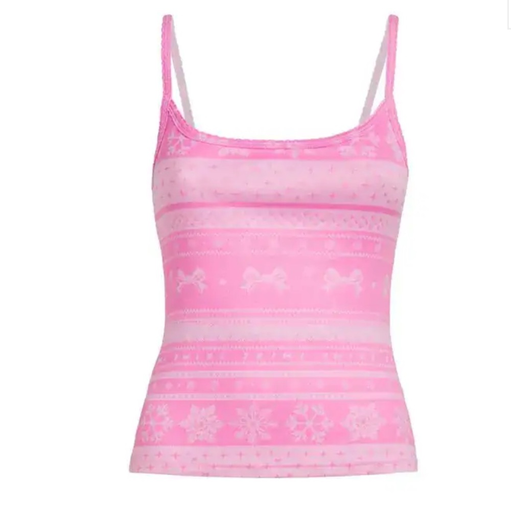 SKIMS Logo Pointelle Plush Cami Sleep Tank I. Bubblegum Bow Fair Isle size XL